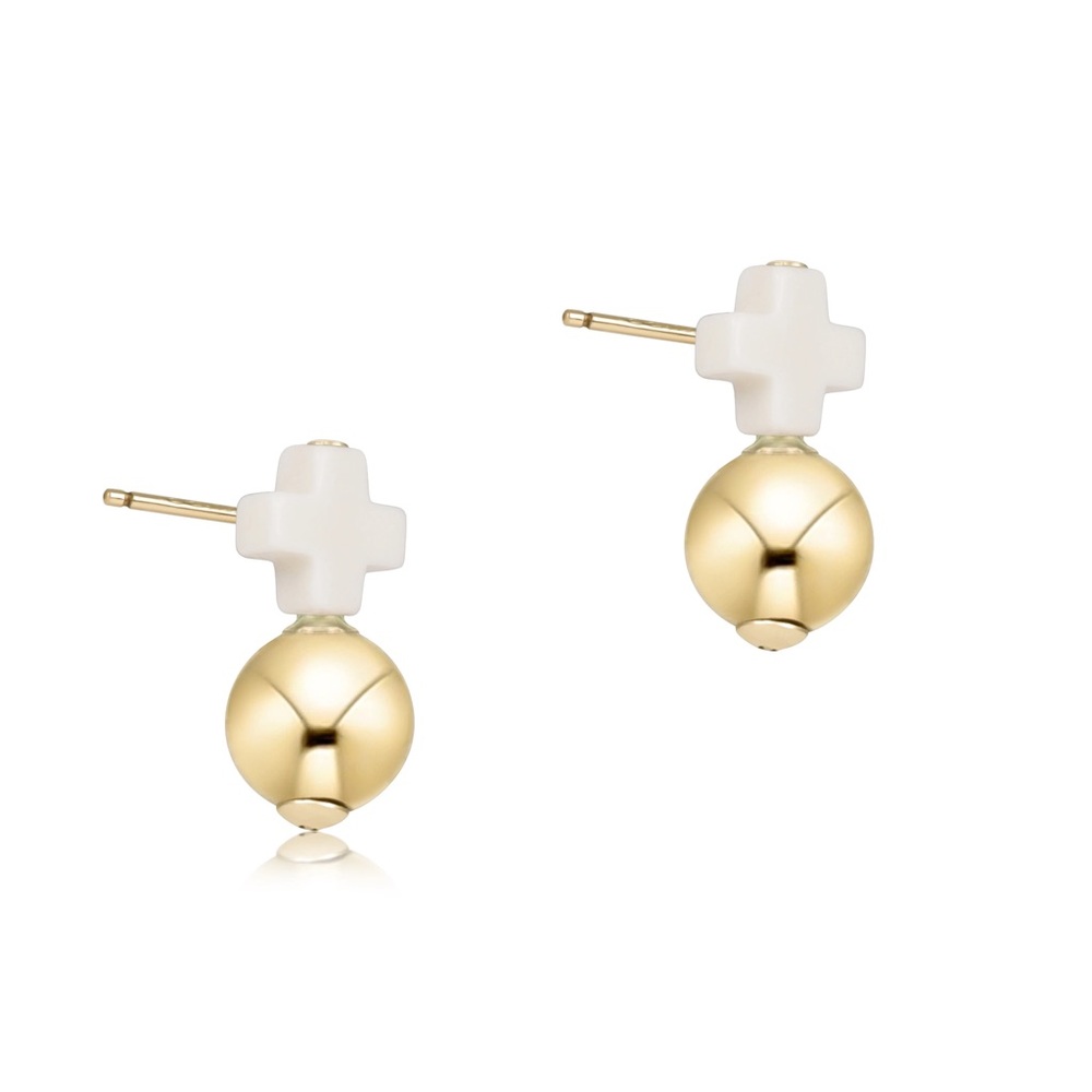 Gold Ball Stud Earrings with White Cross Accent